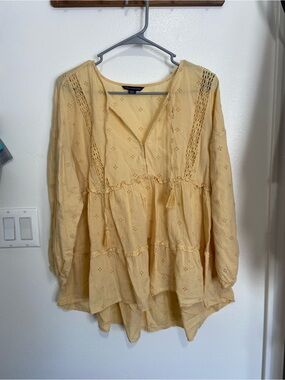 American Eagle Outfitters Light Yellow Embroidered Peasant Blouse